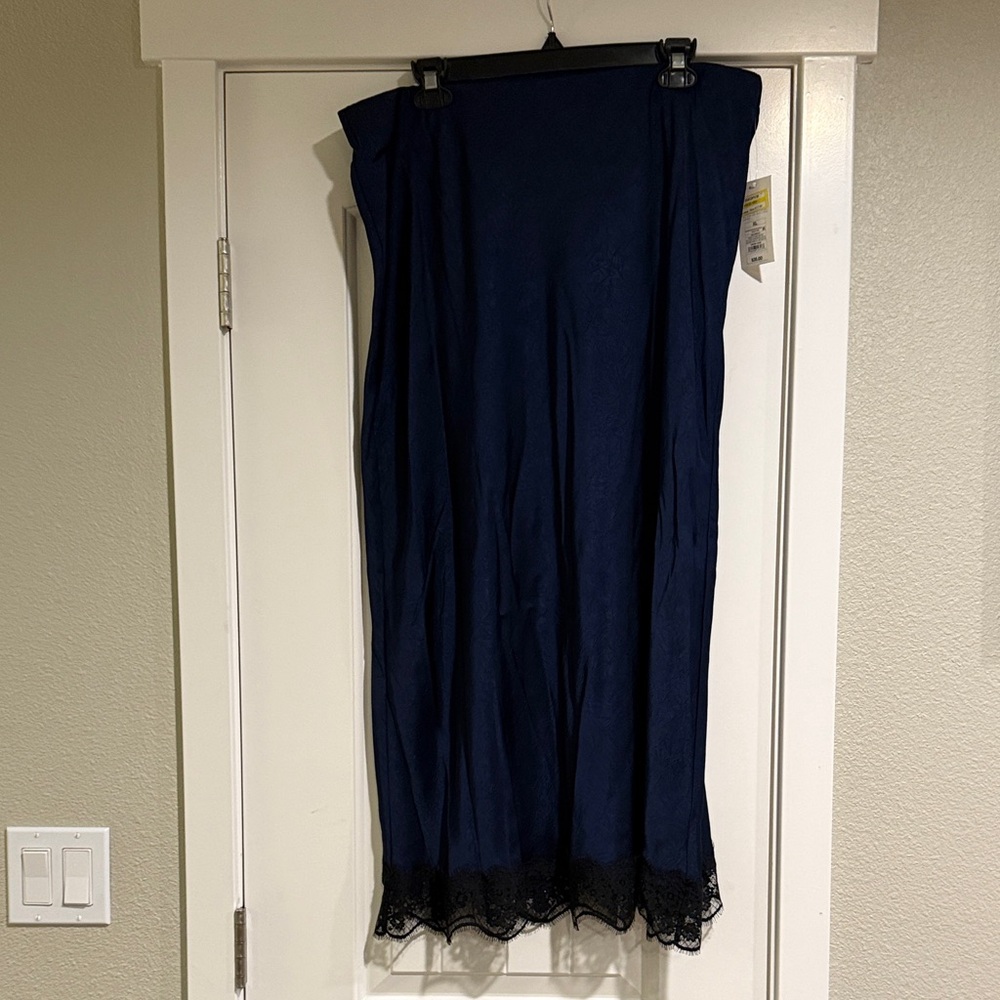 Navy Slip Skirt with Lace Hem